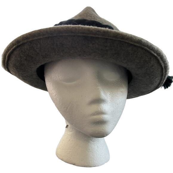 German Alpine Hiking Hat 100% Wool Gray Navy Blue Ribbon 57 cm - Picture 2 of 9